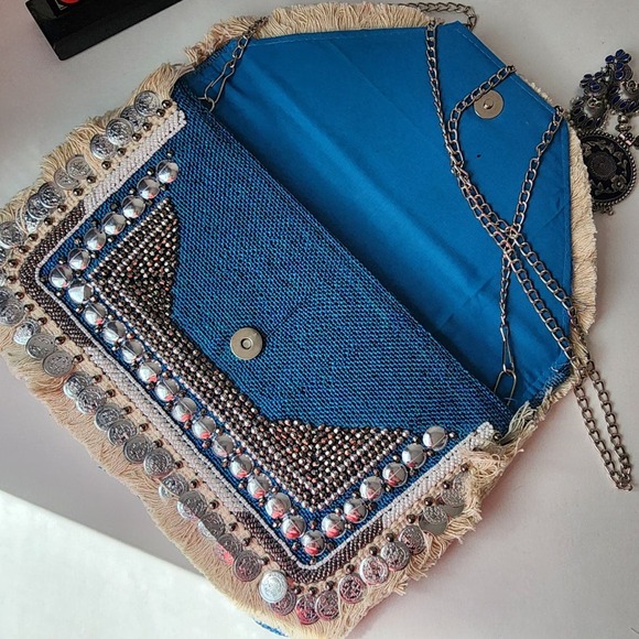 NWT Blue Boho bag coin envelope clutch embroidered hippie sling bag gift her - Picture 4 of 9
